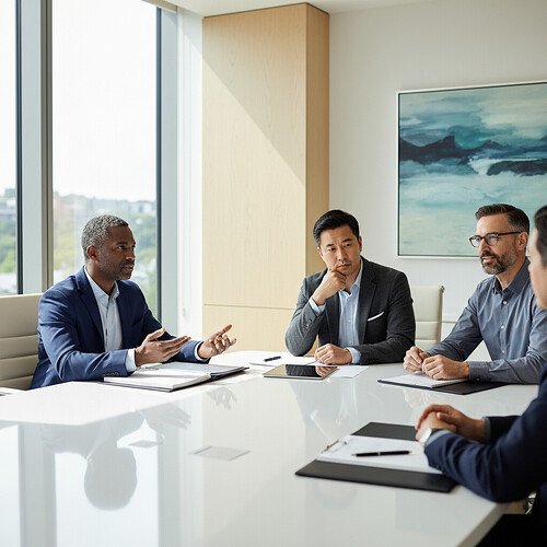 Adult men in a professional consultation setting discussing their hair restoration options with a medical professional.