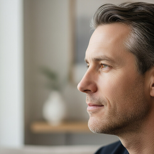 Profile view of a mature man exuding thoughtful confidence.