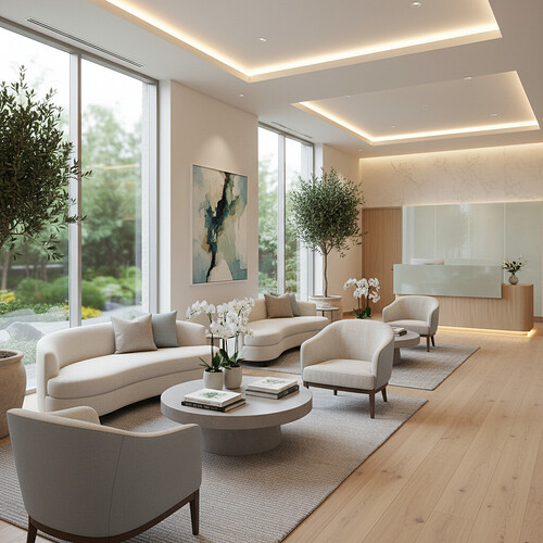 Comfortable and modern waiting area in a premium hair restoration clinic.