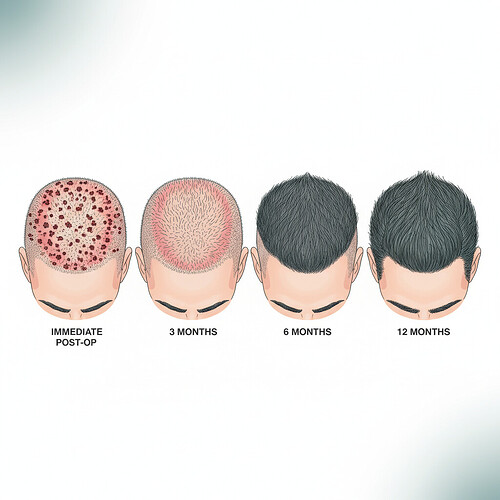 Timeline of hair growth stages after a hair transplant procedure.