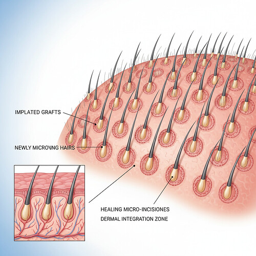 Illustration of securely integrated hair grafts in a healed scalp.