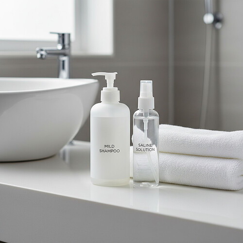 Post-hair transplant washing supplies including mild shampoo and saline spray.