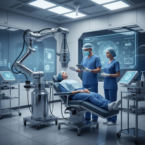 Robotic arm assisting a surgeon in hair transplantation.