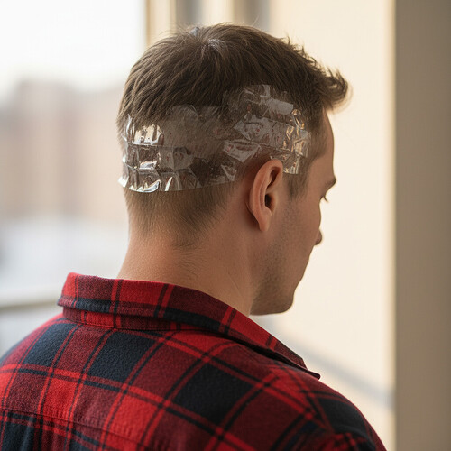 Illustration showing loose clothing protecting a bandaged scalp after hair transplant surgery.