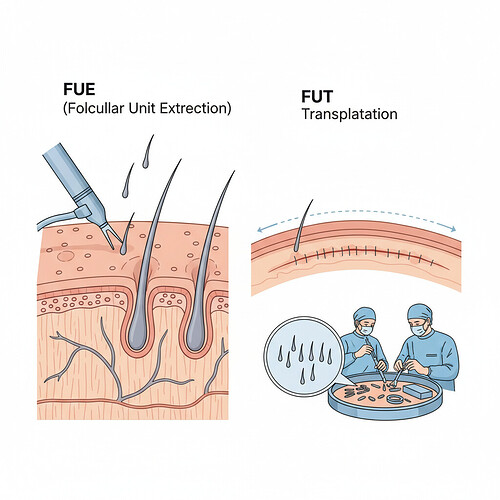 Comparison illustration of FUE and FUT hair transplant techniques