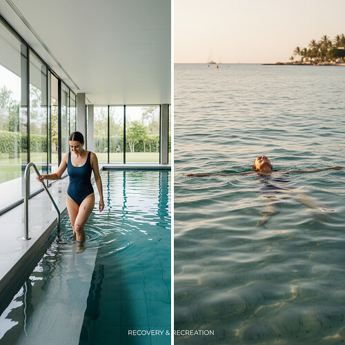 Person cautiously entering a swimming pool and enjoying the ocean after recovery.