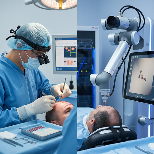 Comparison of manual implantation and robotic extraction in hair transplantation.