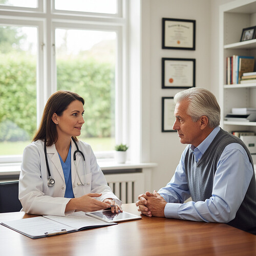 Doctor discussing hair restoration options with a patient in a clinic.