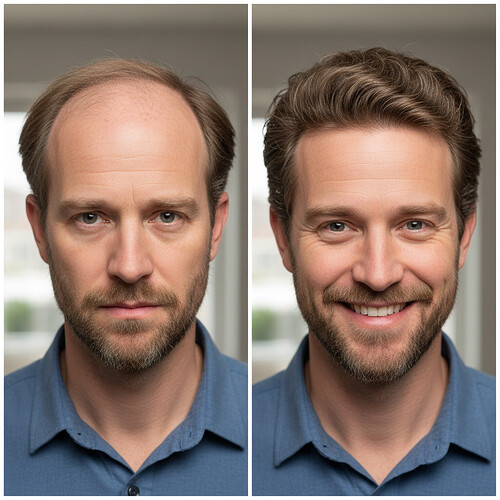 Before and after comparison of a hair transplant, showing significant hair restoration.