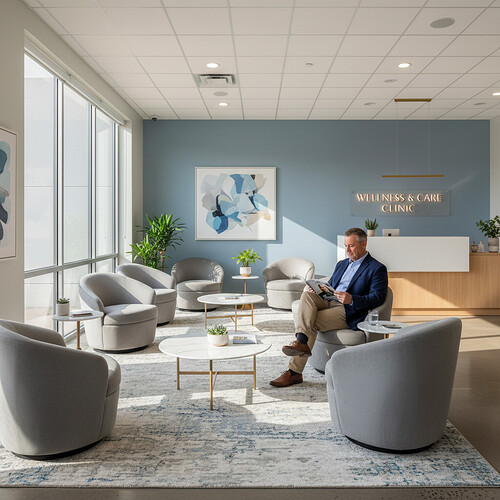 Calm and professional clinic waiting area ambiance