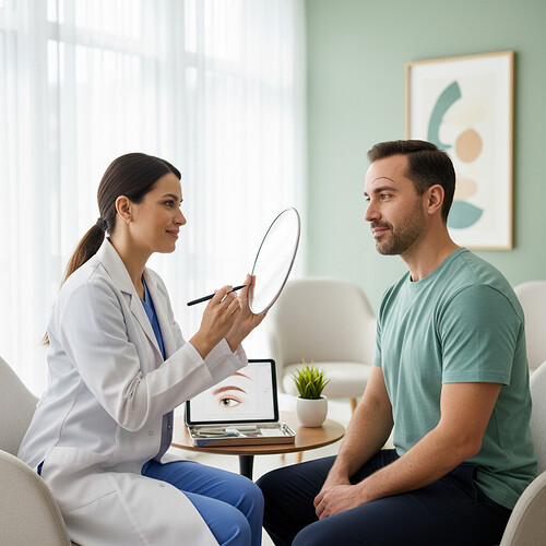 Surgeon consulting with patient about eyebrow transplant design