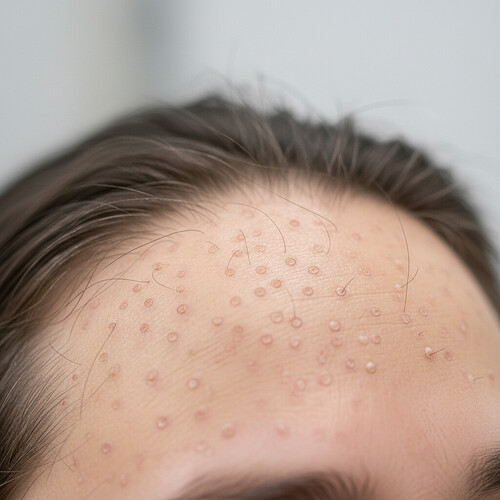 Close-up of healed FUE extraction sites in the donor area.