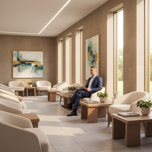 Serene and professional clinic waiting area with a man in his 40s sitting calmly.