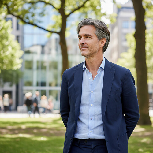 Mature adult man with a confident and relaxed demeanor.