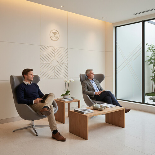 Comfortable waiting area in a hair restoration clinic