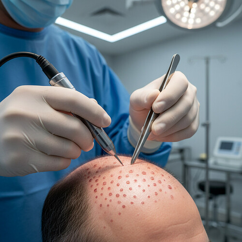 Surgeon performing FUE hair transplant with precision tools
