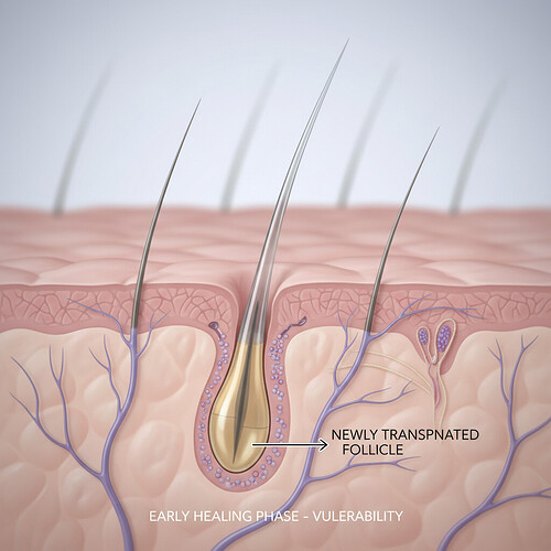 Close-up of a fragile, newly transplanted hair follicle in the scalp.