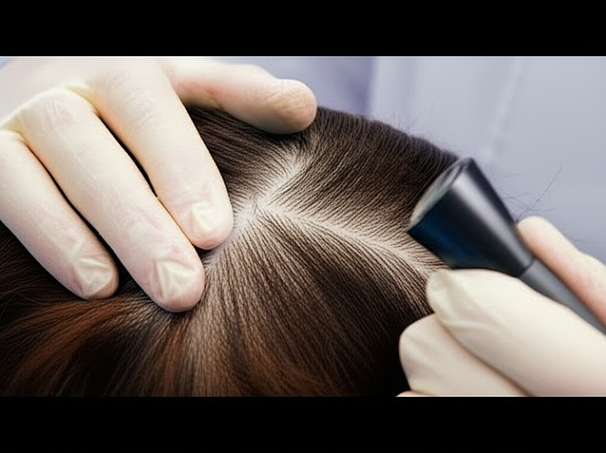 Surgeon examining a woman's scalp donor area for hair transplant suitability.