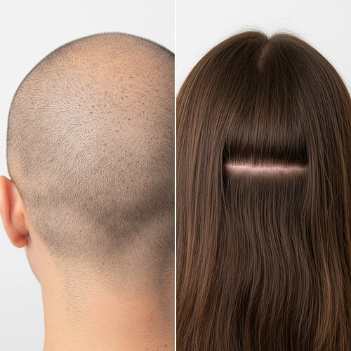 Comparison of traditional full head shave vs. unshaven hair transplant minimal shaving.