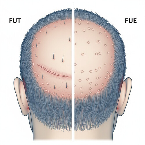 Comparison of FUT and FUE scarring after hair transplant.
