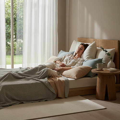 Person resting comfortably in bed after a procedure