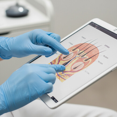 Medical professional reviewing detailed hair growth illustration on a tablet.