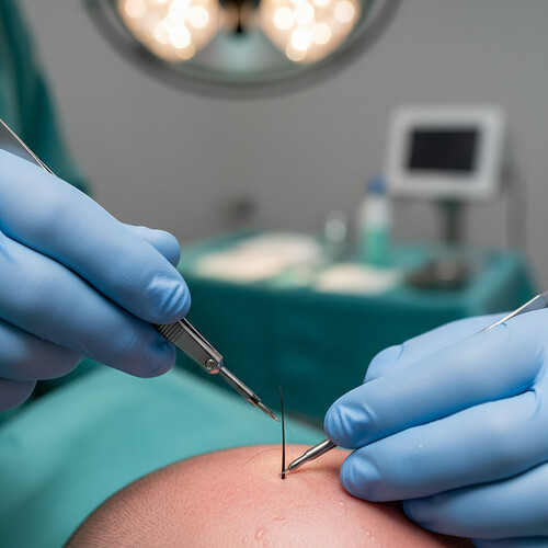 Close-up of hair follicle extraction during FUE procedure