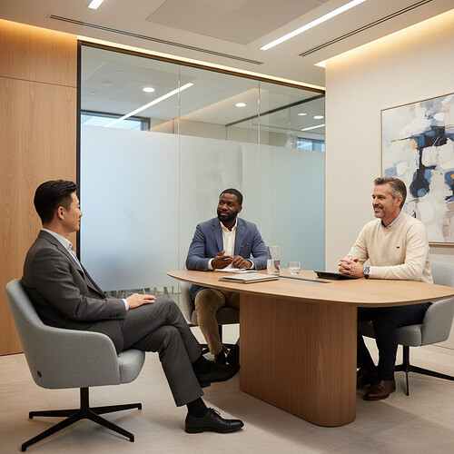 Adult men in a modern clinic consultation room discussing options