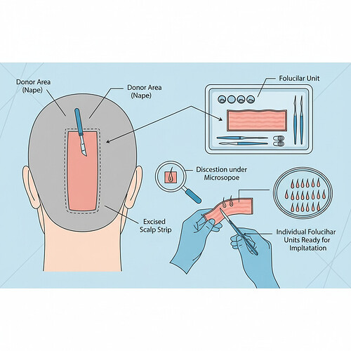 Illustration of the FUT hair transplant harvesting technique.