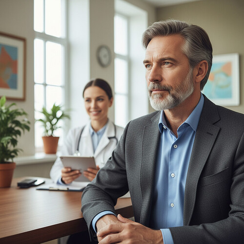 Mature adult man in a professional clinic setting during a consultation.