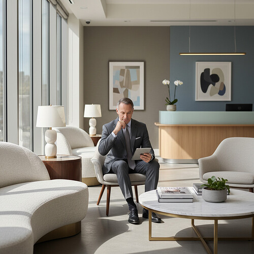 Patient reviewing treatment plan in a modern clinic waiting area.