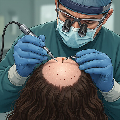 Surgeon performing FUE extraction on a small, shaved patch during an unshaven hair transplant.