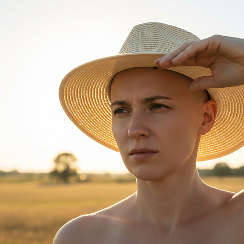 Person with shaved head wearing a hat for sun protection after hair transplant