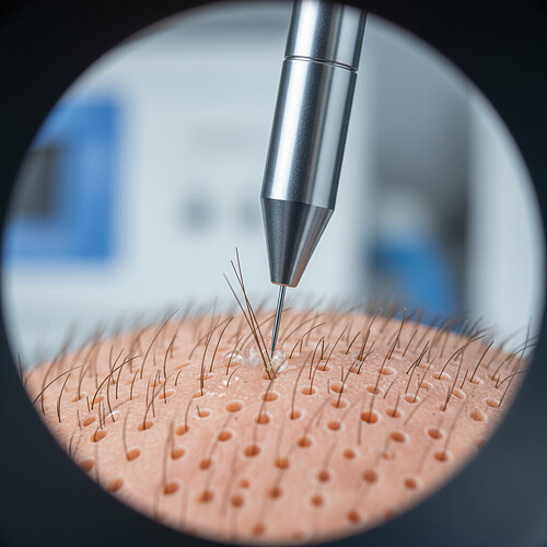 Close-up of a robotic instrument extracting a hair follicle.