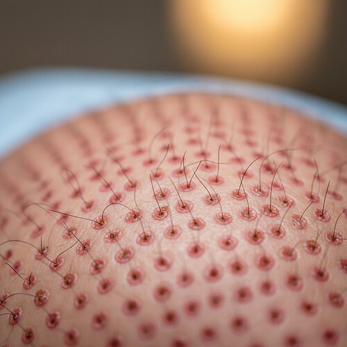 Close-up of a healthy scalp with newly transplanted hair follicles.