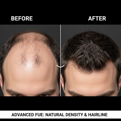 Visual comparison of hair density before and after advanced FUE.