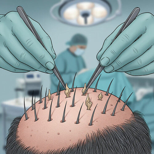 Surgeon carefully implanting extracted follicular units into the recipient area during an FUE procedure.