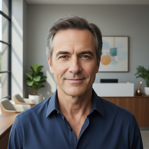 Mature man with a natural-looking hairline after hair restoration.