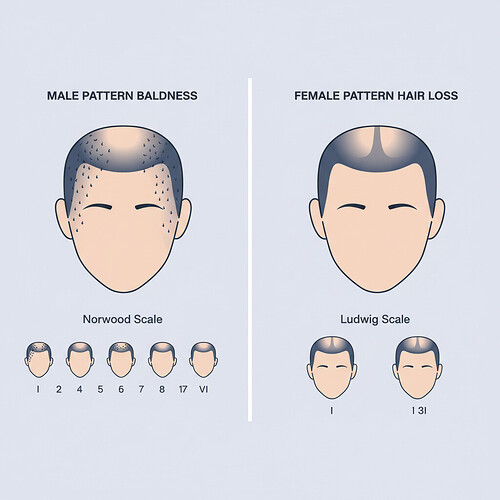 Comparison illustration of male vs. female pattern baldness
