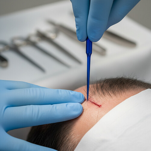 Close-up of sapphire blade creating incision for hair transplant