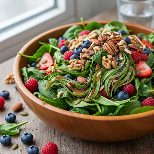 Healthy salad with spinach, berries, and nuts