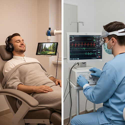 Patient relaxation and monitoring during a hair transplant procedure.