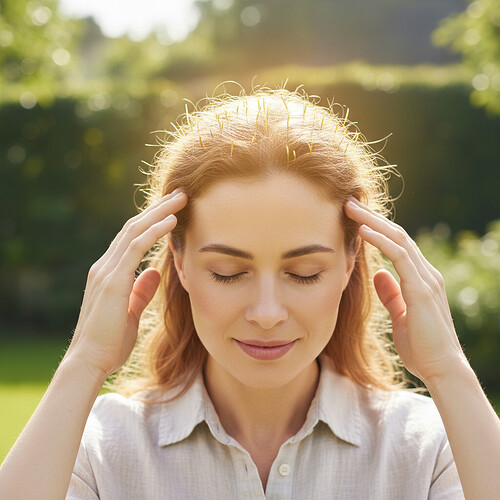Person touching scalp with signs of hair regrowth