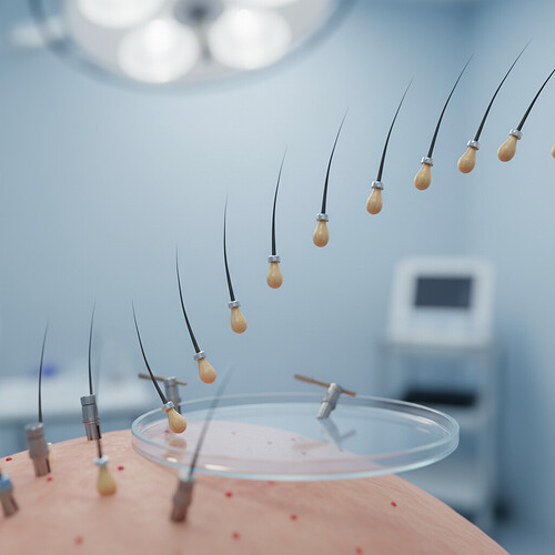 Microscopic view of hair follicles being extracted for hair transplant