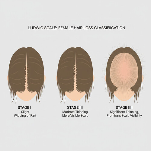 Visual representation of the Ludwig Scale stages for female hair loss