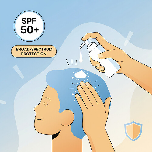Illustration of applying sunscreen to the scalp.
