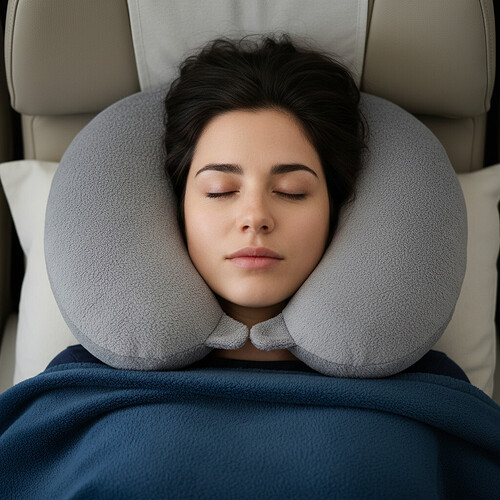 Close-up of a travel pillow supporting the head while sleeping on the back.