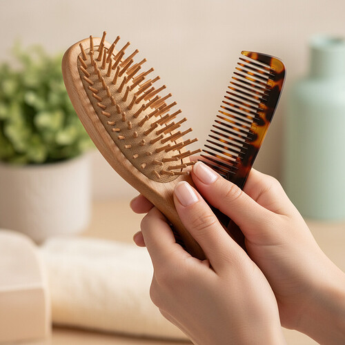 Hands gently holding a hairbrush, symbolizing careful grooming.