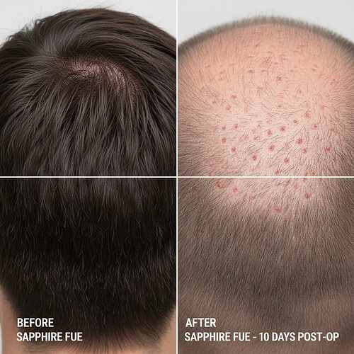 Donor area comparison before and after Sapphire FUE, showing minimal scarring.