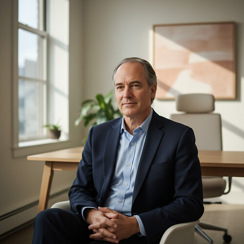 Mature man in consultation room with a natural hairline.